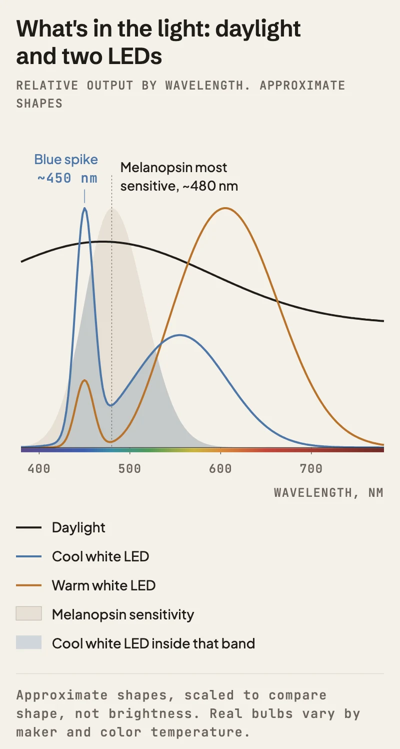 Approximate light spectra from 380 to 780 nm. Daylight is broad across all colors. A cool white LED has a sharp blue spike around 450 nm, inside the band where melanopsin is sensitive, and a smaller broad hump. A warm white LED has a much smaller blue spike and most of its output in yellow to orange. Melanopsin is most sensitive around 480 nm. Shapes are approximate.