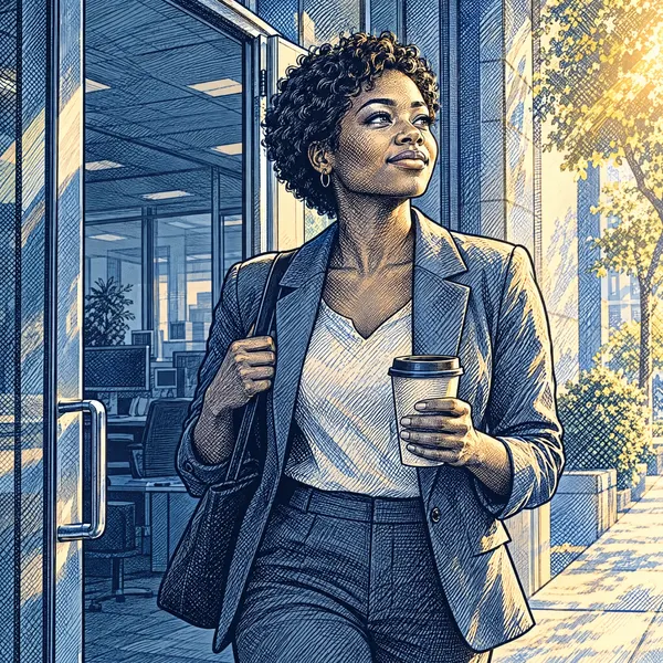 A woman steps out of her office into midday sun with a coffee.