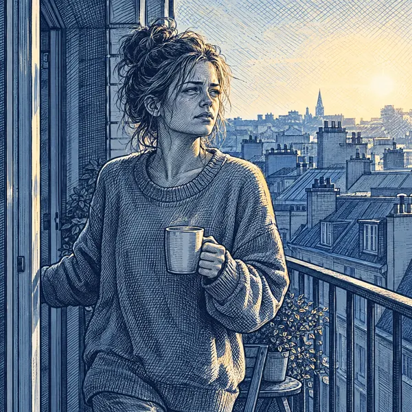 A young woman steps onto her balcony into morning sun with a mug.