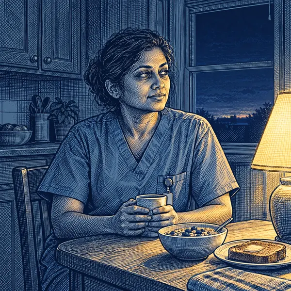 A nurse eats breakfast under a bright lamp before sunrise.