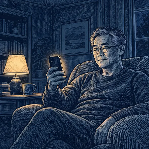 A man reads his phone in a lamp-lit room in the evening.